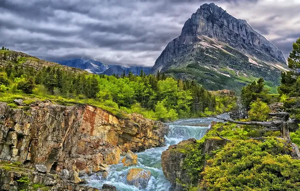 Forest, mountains, river, rocks, cascade, Glacier National Park, Swiftcurrent Falls