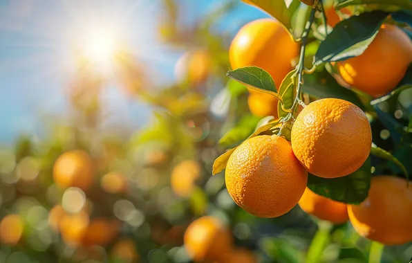 The sun, oranges, branch, garden, harvest, fruit, bokeh, AI art