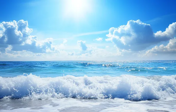 Sea, wave, beach, the sky, the sun, clouds, light, blue