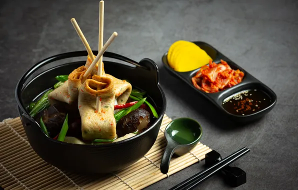 Picture table, soup, korean, vegetable, fish cake