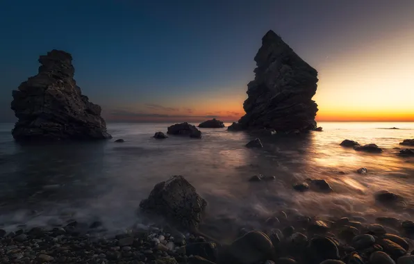Picture sea, sunset, pebbles, stones, rocks, coast, the evening