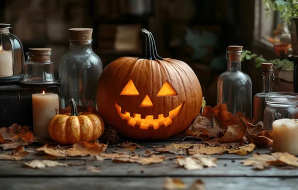 Autumn, glass, leaves, smile, the dark background, table, holiday, Board