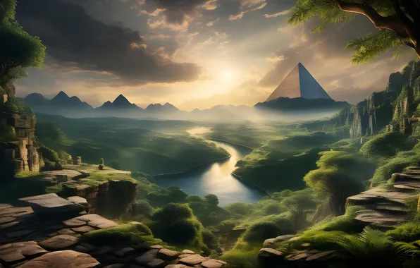 Mountains, river, sunrise, jungle, pyramid