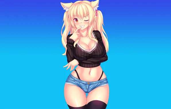 Girl, Shorts, Blue background, Neko, Top