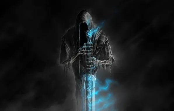 Death, darkness, bones, horror, art, blue flame, a magical artifact, Nazgul