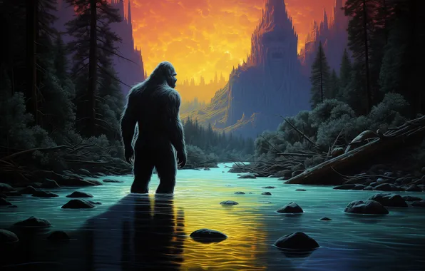 Mountains, Being, Trees, River, Digital art, Bigfoot, Yeti, Bigfoot