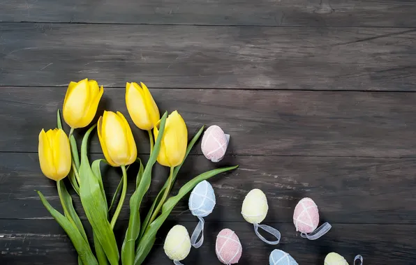 Flowers, eggs, bouquet, Easter, tulips, happy, yellow, wood