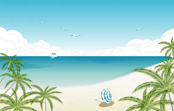 Picture beach, palm trees, umbrella, shore, Vector, yacht
