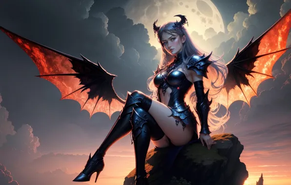 The sky, wings, beauty, the evening, horizon, horns, demoness, horns