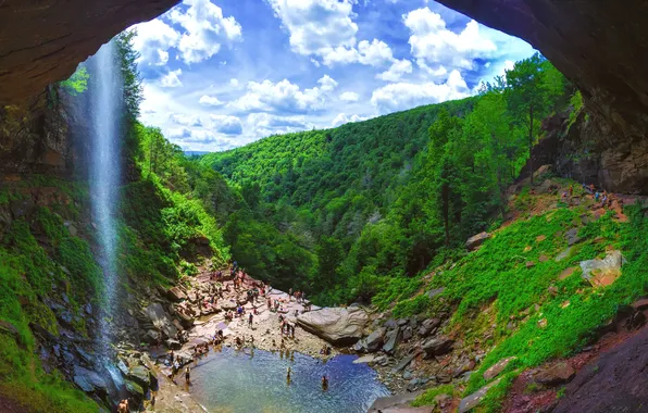 Forest, beach, clouds, lake, people, shore, the slopes, waterfall