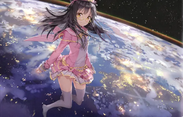 Picture girl, space, stars, smile, earth, planet, anime, art