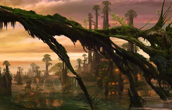Picture water, trees, lights, dragon, swamp, being, art, hut