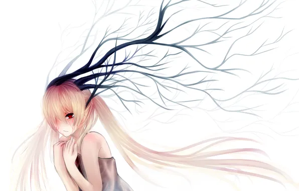Look, girl, branch, blood, white background, art, ryaku-ko