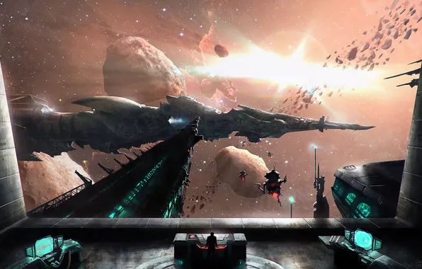 Space, stars, ship, asteroids, deck, droid