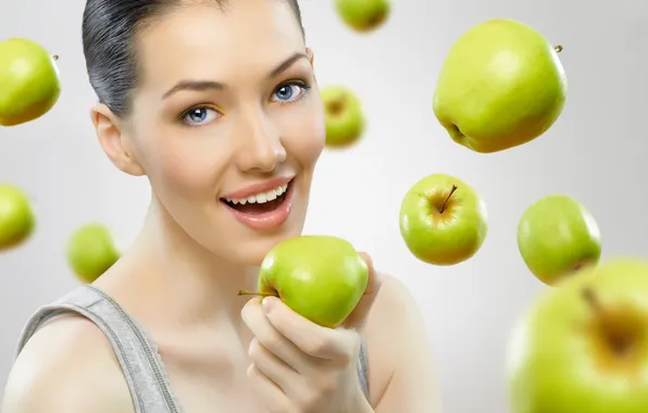 Picture girl, smile, apples, blue-eyed