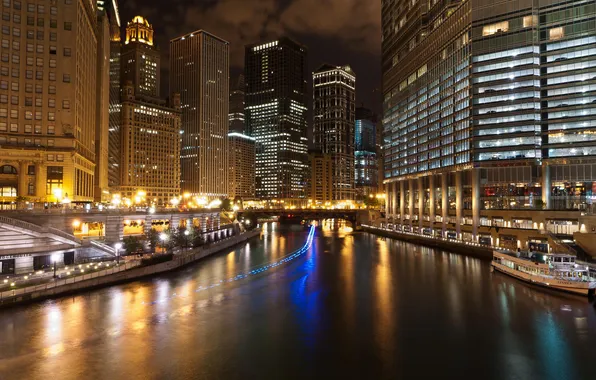 Night, lights, skyscrapers, Chicago, USA, USA, America, Chicago