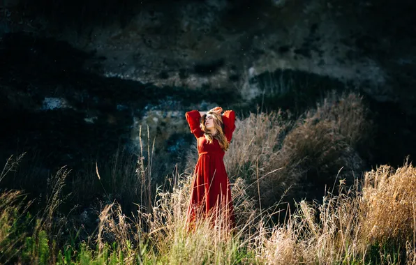 Picture grass, red, dress, blonde, Jamy Faeth