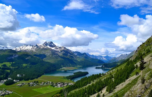 The sky, mountains, lake, home, valley, the village