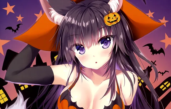 Neckline, bats, werewolf, halloween, blue eyes, animal ears, helluin, gloves elbow