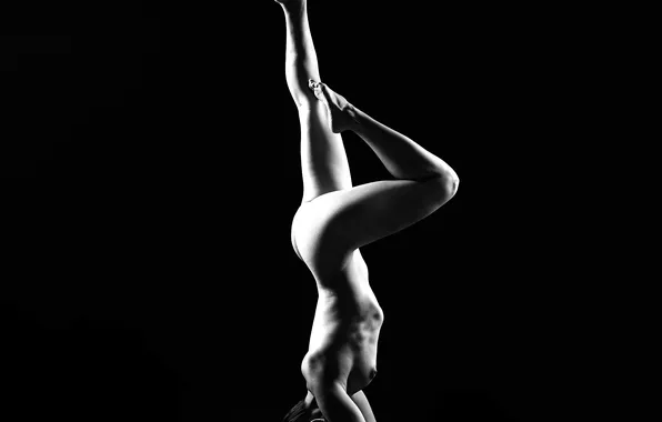 Girl, pose, black and white, yoga, brown hair, black background, acrobatics