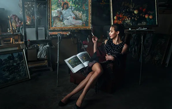 Girl, smoke, portrait, interior, dress, brunette, cigarette, shoes