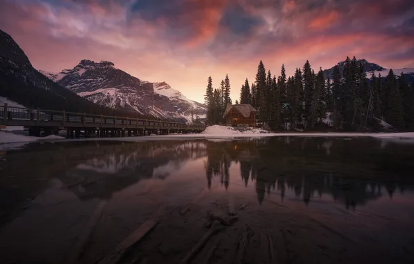 Winter, forest, snow, mountains, bridge, lake, reflection, rocks