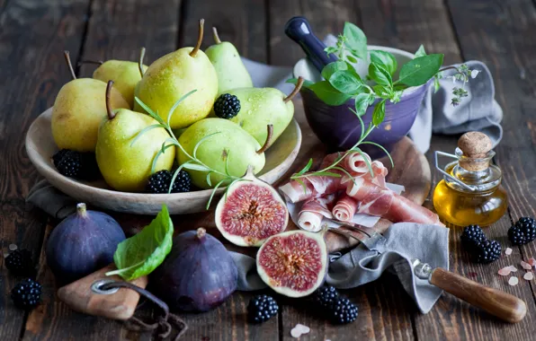 Berries, still life, pear, BlackBerry, figs, figs