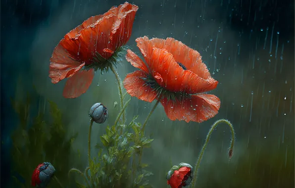 Drops, red, rain, Maki, buds