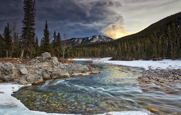 The sky, trees, landscape, mountains, river, stones