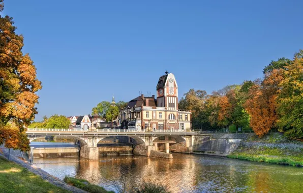 Picture autumn, the sky, trees, bridge, river, watch, tower