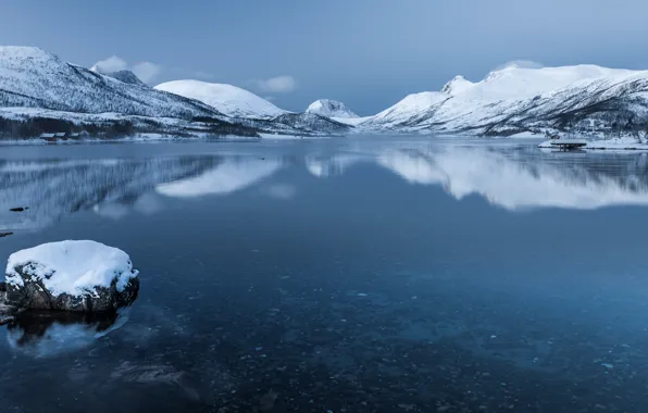 Snow, mountains, lake, island, Norway, Senja