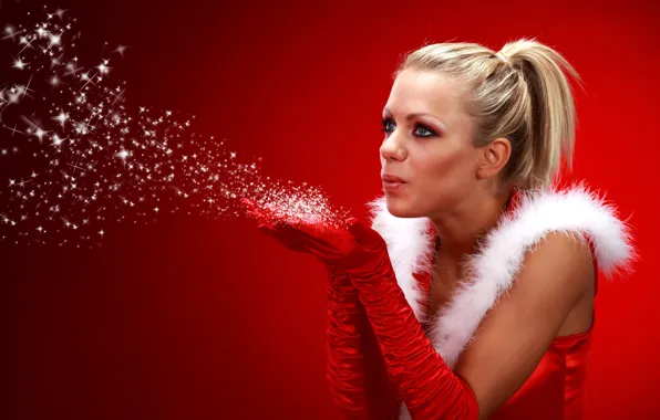 Picture girl, red, background, mood, holiday, New Year, blonde, gloves