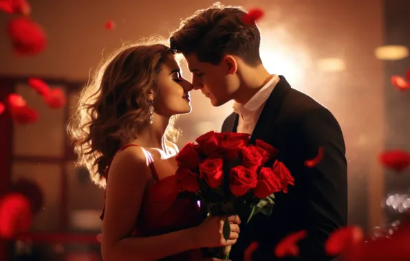 Girl, light, flowers, holiday, romance, roses, bouquet, hugs