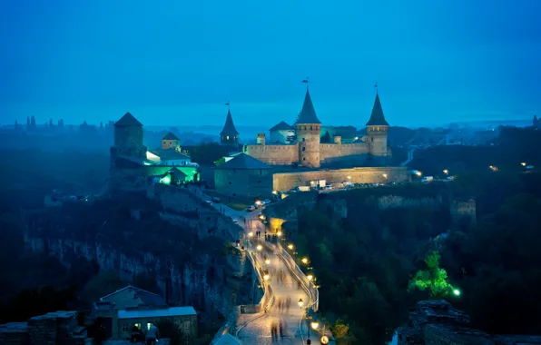 Picture bridge, castle, the evening, lights, tower, Ukraine, Kamianets-Podilskyi