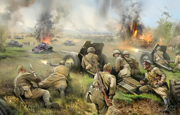 Battle, art, soldiers, The great Patriotic war, The Red Army