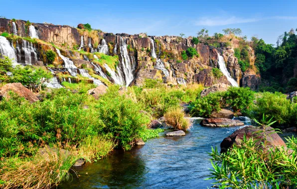 Greens, the sun, stones, rocks, waterfall, Vietnam, the bushes