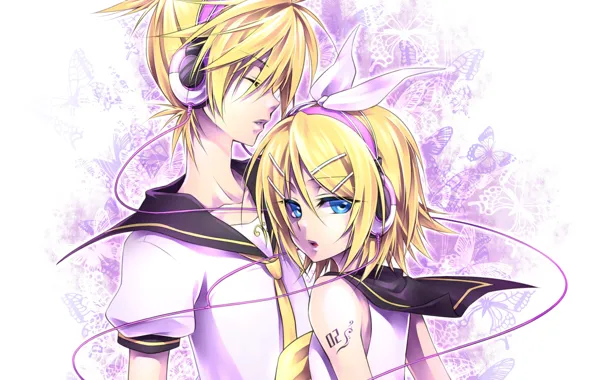Girl, butterfly, guy, two, Vocaloid, Vocaloid, Kagamine Len, Kagamine Rin