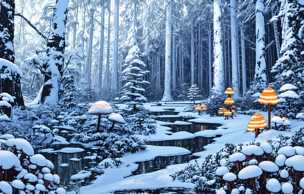 Winter, forest, snow, mushrooms