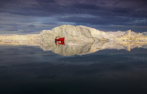 Picture the sky, reflection, boat, iceberg, Greenland