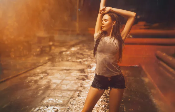 Pose, rain, mood, shorts, hands, figure, Alexander Drobkov-Light, Elena Kononenko