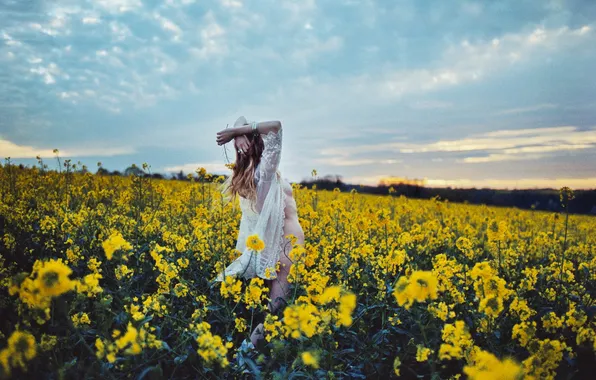 Field, chest, girl, clouds, flowers, hair, field of flowers, nightgown