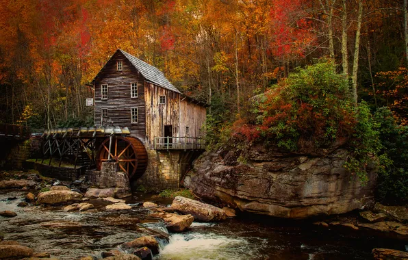Picture autumn, river, mill
