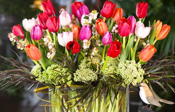 Bird, spring, colorful, tulips, decoration, tulips, bouquet