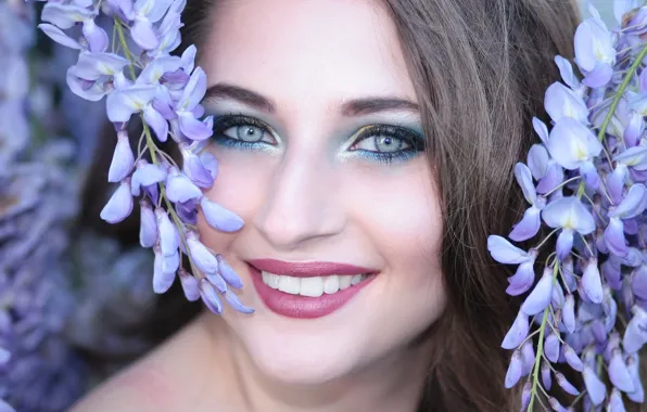 Picture look, girl, flowers, face, smile, model, makeup