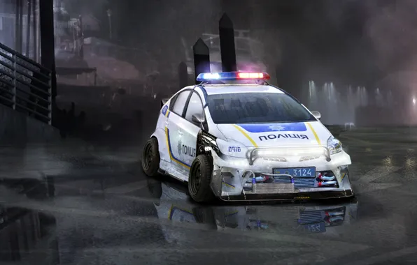 Wet, auto, fog, tuning, figure, police, puddle, toyota