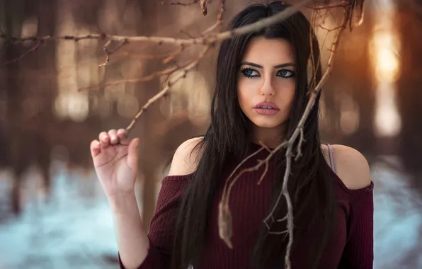 Trees, branches, nature, pose, model, portrait, makeup, dress