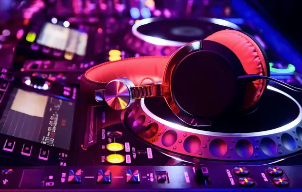 Picture Pink, Purple, Colorful, Lights, Night, Button, Headphones, Blur