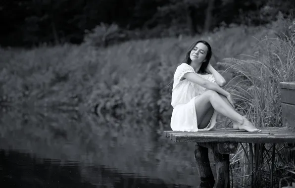 Water, girl, smile, b/W, legs, the bridge, Lviv, Irene