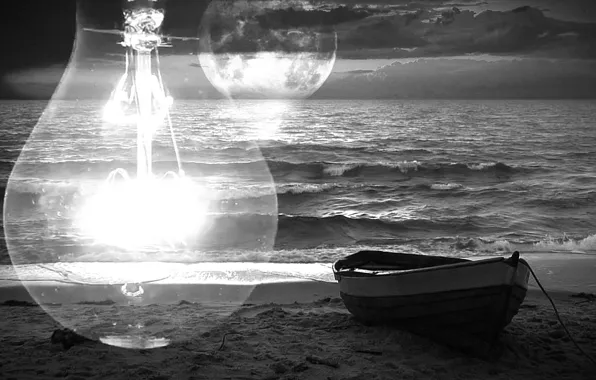 Sea, wave, light bulb, sunset, boat, The moon