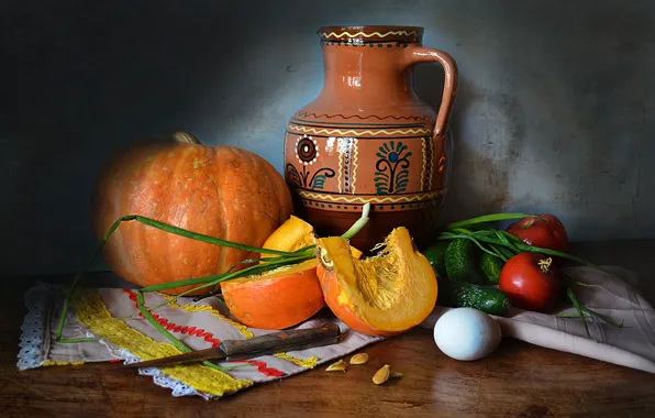 Picture table, egg, bow, knife, dishes, pumpkin, pitcher, still life